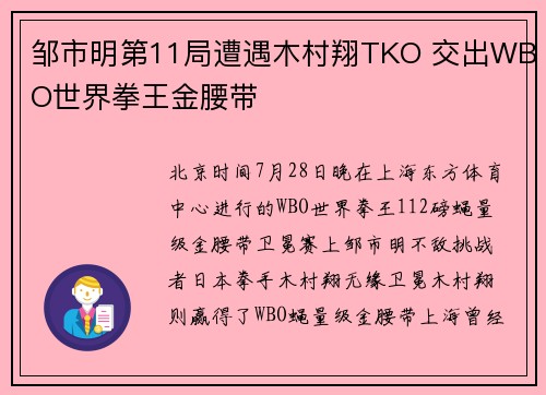邹市明第11局遭遇木村翔TKO 交出WBO世界拳王金腰带